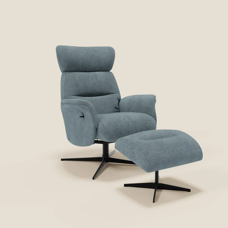 Lunor Poltrona relax reclinabile con pouf poggia-piedi in tessuto bouclé impermeabile T07 carta da zucchero