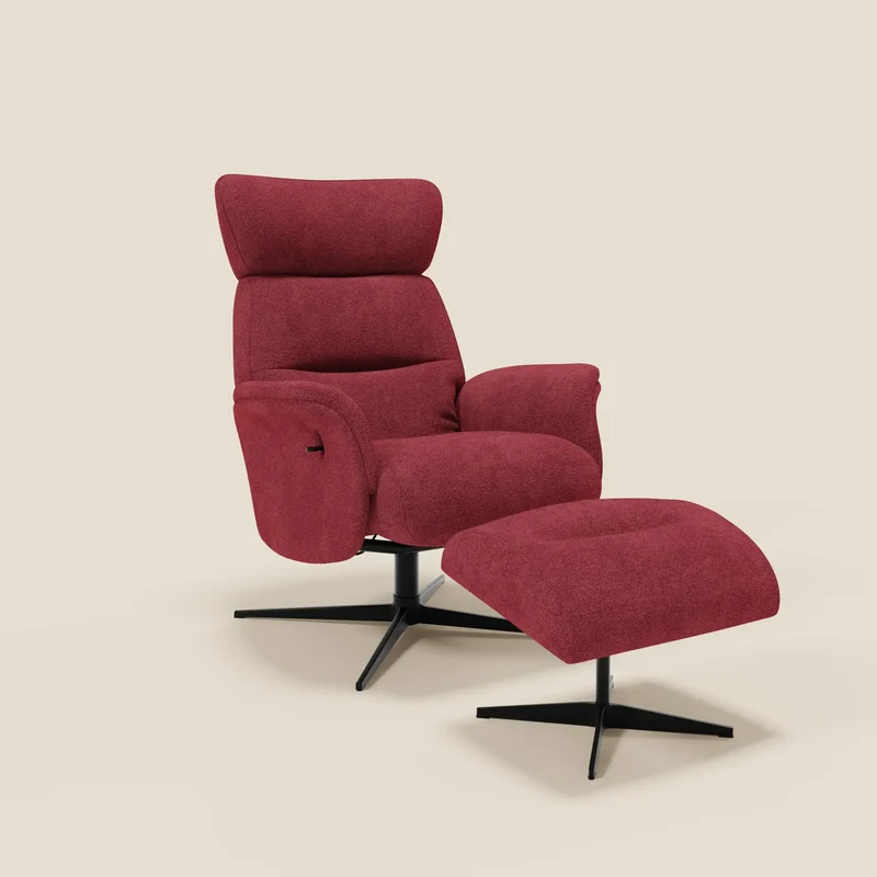 Lunor Poltrona relax reclinabile con pouf poggia-piedi in tessuto bouclé impermeabile T07 rosso
