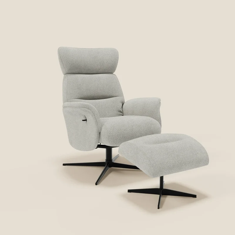 Lunor Poltrona relax reclinabile con pouf poggia-piedi in tessuto bouclé impermeabile T07 bianco