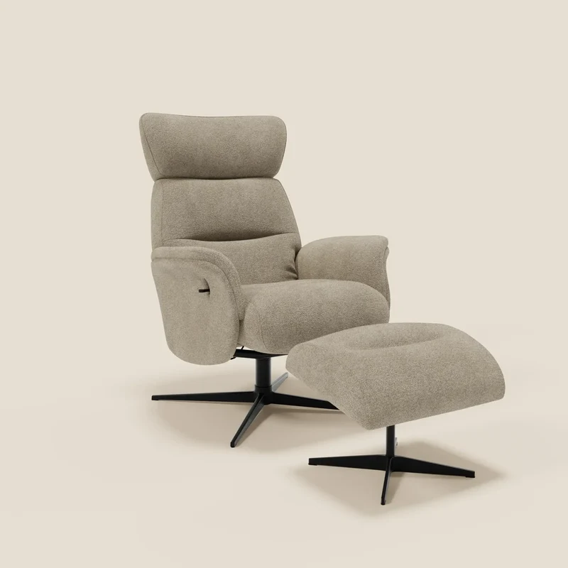 Lunor Poltrona relax reclinabile con pouf poggia-piedi in tessuto bouclé impermeabile T07 beige