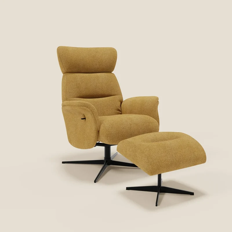 Lunor Poltrona relax reclinabile con pouf poggia-piedi in tessuto bouclé impermeabile T07 giallo