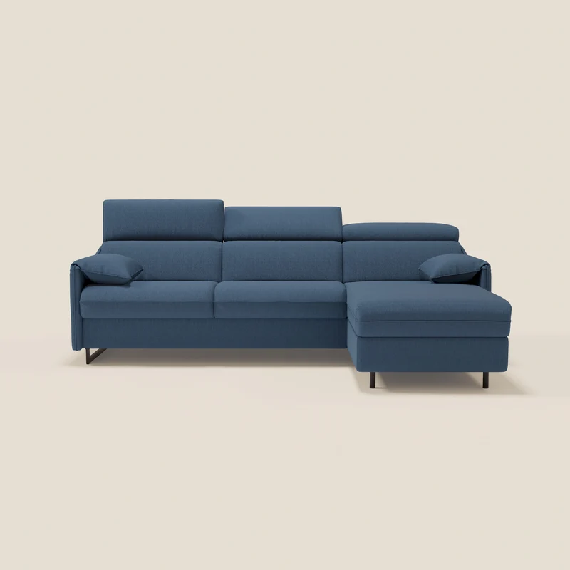 Violetta Divano Letto Angolare con Penisola contenitore, Poggiatesta e Materasso Alto H18 in tessuto impermeabile T13 blu