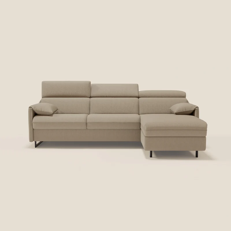 Violetta Divano Letto Angolare con Penisola contenitore, Poggiatesta e Materasso Alto H18 in tessuto impermeabile T13 beige