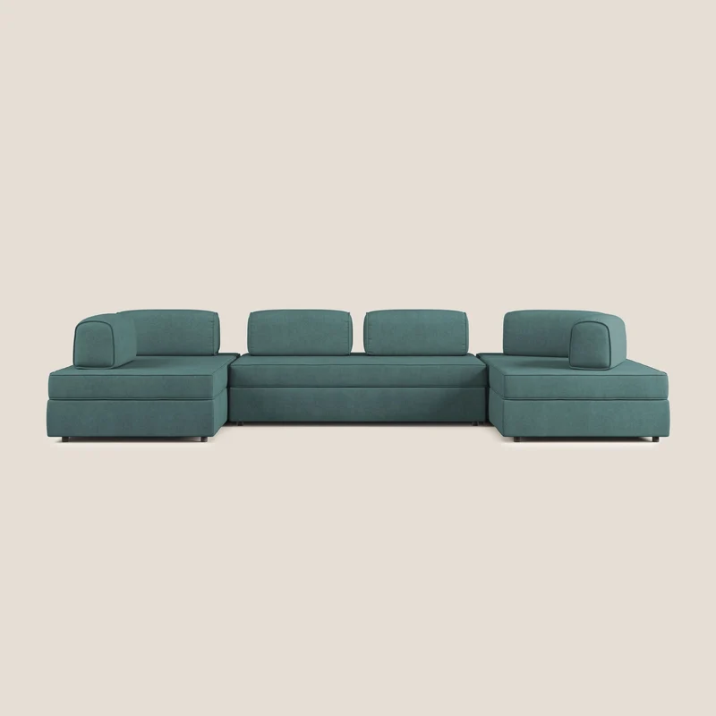 Liberty divano panoramico con pouf estraibile e schienali movibili in tessuto morbido impermeabile T02 petrolio