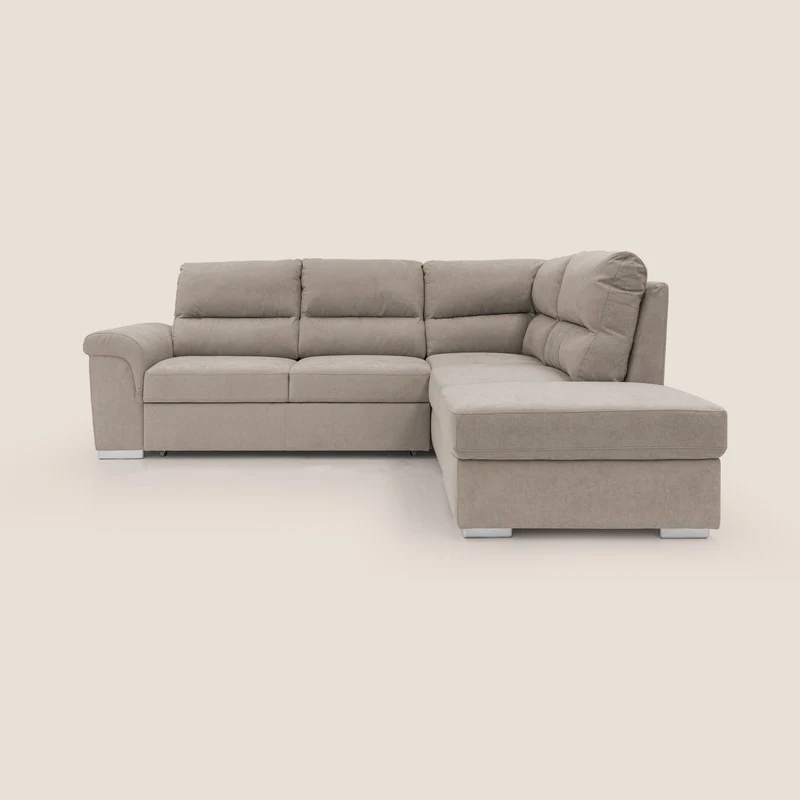 Minerva divano angolare con estraibile a cassettone e pouf contenitore in tessuto morbido impermeabile T02 beige