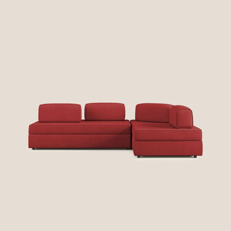 Liberty divano angolare con pouf estraibile e schienali movibili in tessuto morbido impermeabile T02 rosso