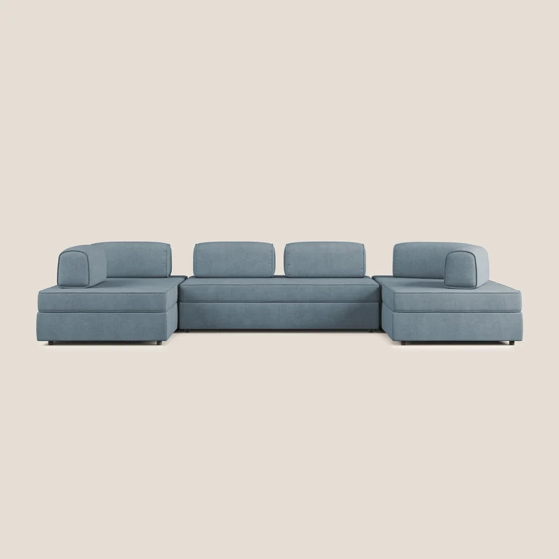 Liberty divano panoramico con pouf estraibile e schienali movibili in tessuto morbido impermeabile T02 carta da zucchero