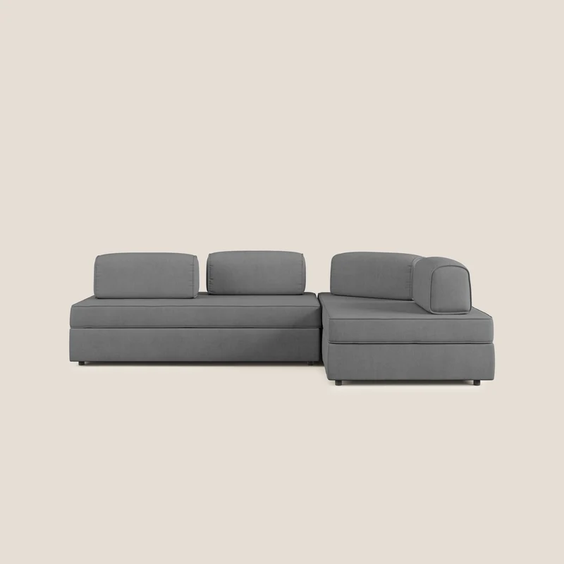 Liberty divano angolare con pouf estraibile e schienali movibili in tessuto morbido impermeabile T02 grigio