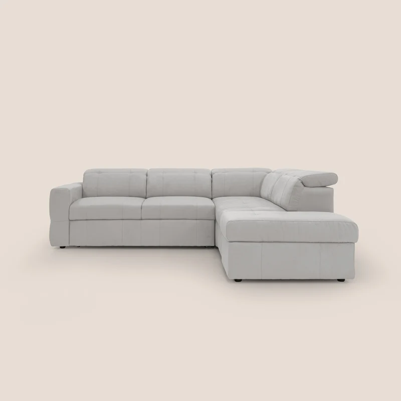 Kronos Divano angolare con poggiapiedi estraibile e pouf contenitore mobile in microfibra impermeabile T11 grigio chiaro