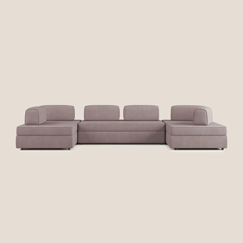 Liberty divano panoramico con pouf estraibile e schienali movibili in tessuto morbido impermeabile T02 rosa