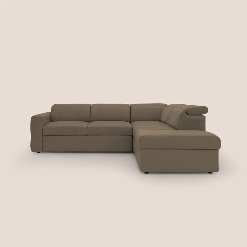 Kronos Divano angolare con poggiapiedi estraibile e pouf contenitore mobile in microfibra impermeabile T11 marrone