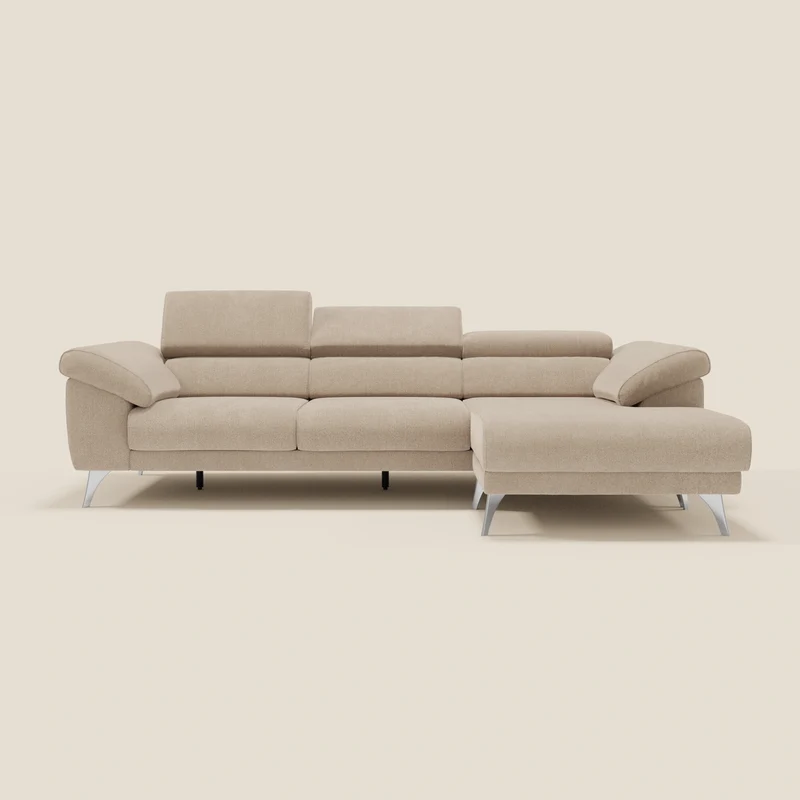 Donatello Divano angolare con sedute scorrevoli braccioli contenitore e poggiatesta in tessuto morbido smacchiabile T23 beige