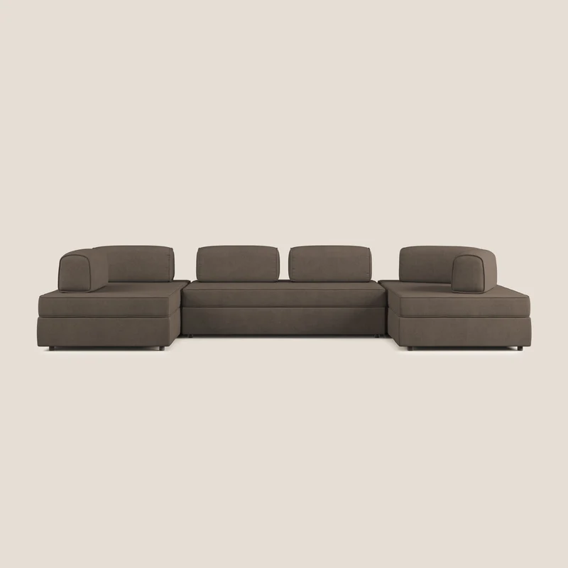Liberty divano panoramico con pouf estraibile e schienali movibili in tessuto morbido impermeabile T02 marrone