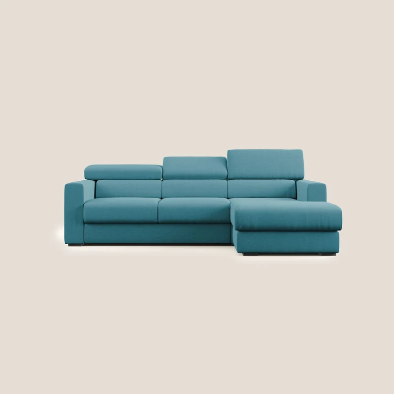 Dylan divano angolare con pouf estraibile poggiapiedi in tessuto simil cotone impermeabile T13 azzurro