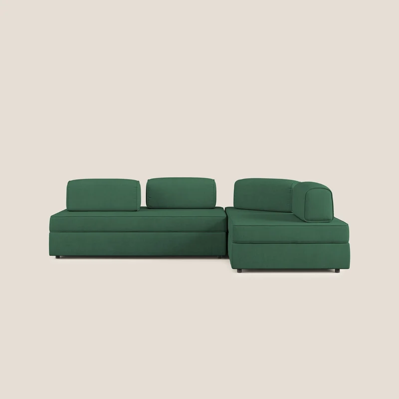 Liberty divano angolare con pouf estraibile e schienali movibili in tessuto morbido impermeabile T02 verde