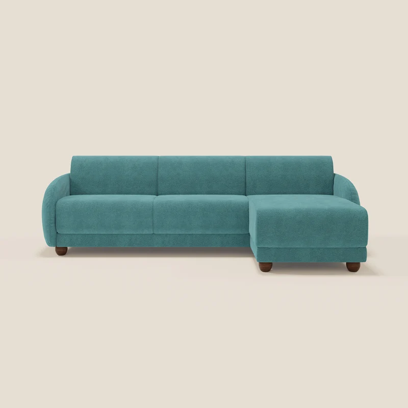 Giglio divano letto angolare con materasso alto 18 cm e penisola contenitore in morbido bouclé impermeabile T07 azzurro
