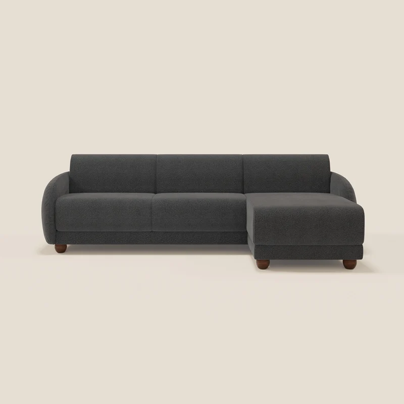 Giglio divano letto angolare con materasso alto 18 cm e penisola contenitore in morbido bouclé impermeabile T07 antracite