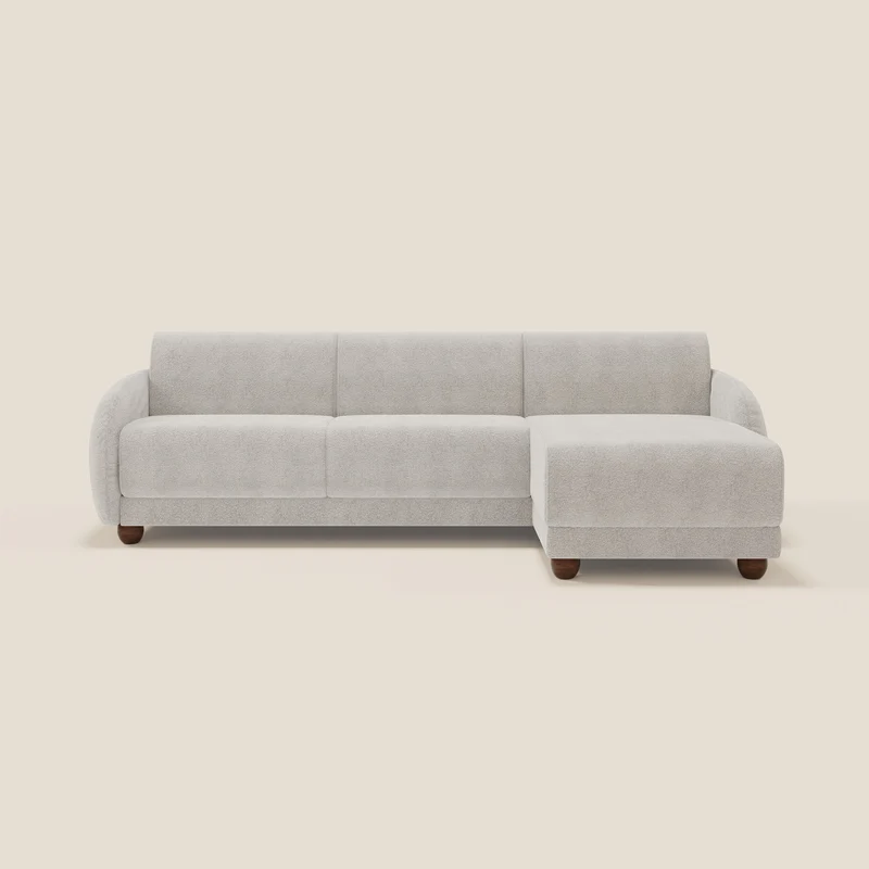 Giglio divano letto angolare con materasso alto 18 cm e penisola contenitore in morbido bouclé impermeabile T07 bianco