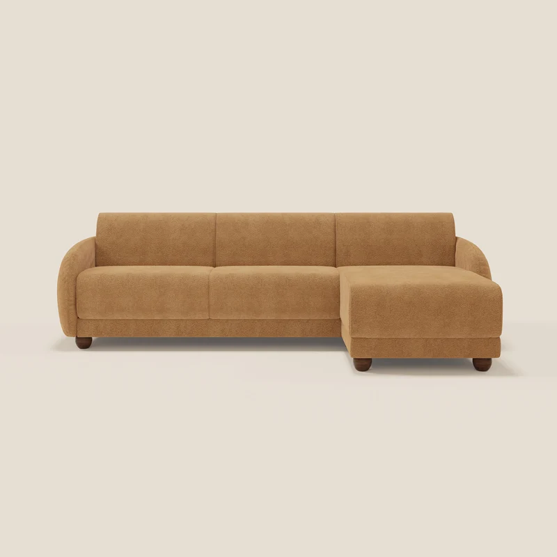 Giglio divano letto angolare con materasso alto 18 cm e penisola contenitore in morbido bouclé impermeabile T07 arancio