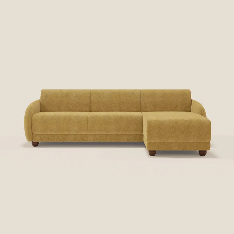 Giglio divano letto angolare con materasso alto 18 cm e penisola contenitore in morbido bouclé impermeabile T07 giallo