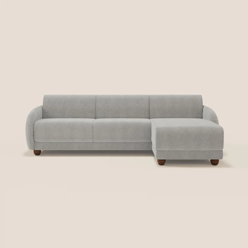 Giglio divano letto angolare con materasso alto 18 cm e penisola contenitore in morbido bouclé impermeabile T07 grigio