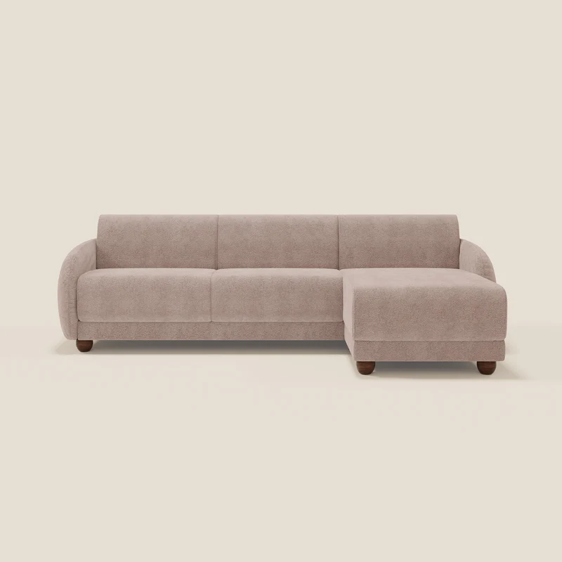 Giglio divano letto angolare con materasso alto 18 cm e penisola contenitore in morbido bouclé impermeabile T07 rosa