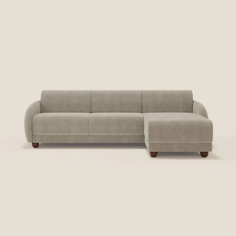 Giglio divano letto angolare con materasso alto 18 cm e penisola contenitore in morbido bouclé impermeabile T07 beige