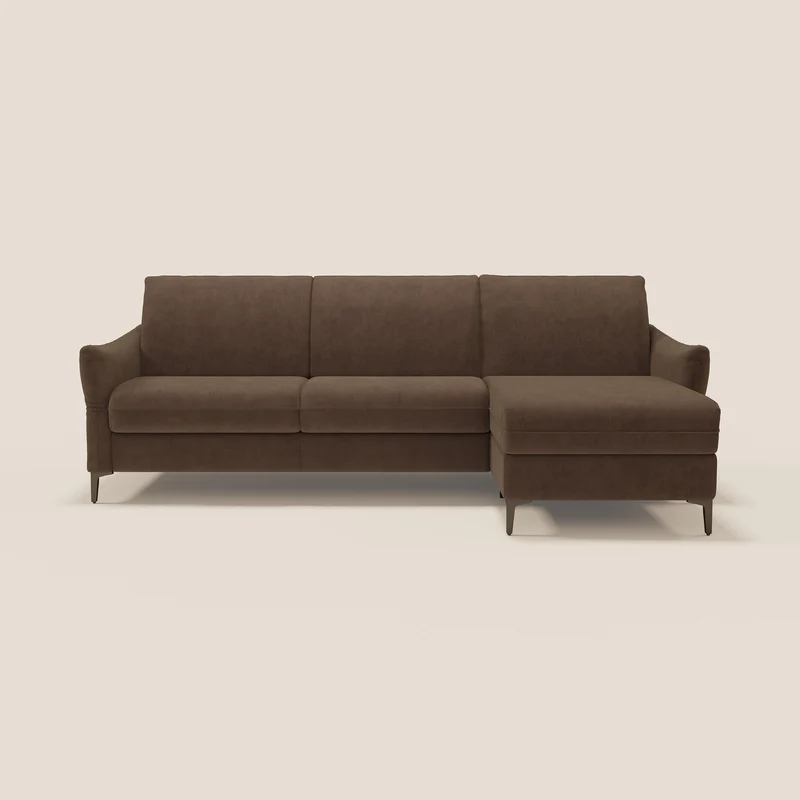 Dalia divano letto angolare con materasso alto 18 cm piedini alti e penisola contenitore in tessuto smacchiabile T17 marrone