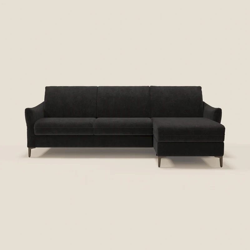 Dalia divano letto angolare con materasso alto 18 cm piedini alti e penisola contenitore in tessuto smacchiabile T17 nero
