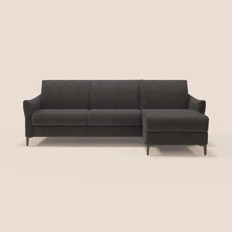 Dalia divano letto angolare con materasso alto 18 cm piedini alti e penisola contenitore in tessuto smacchiabile T17 antracite