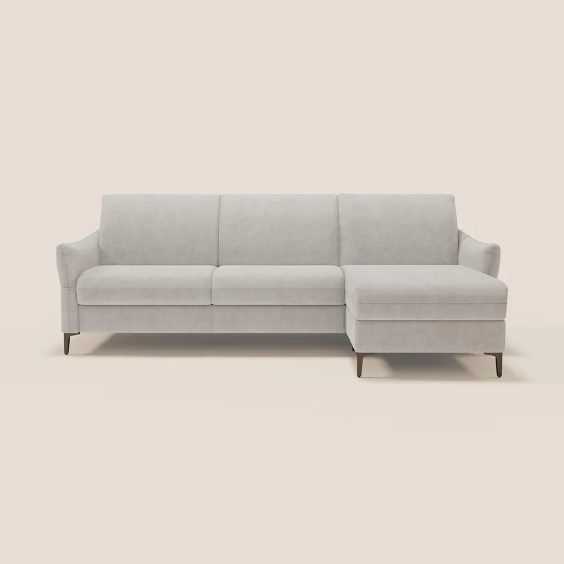 Dalia divano letto angolare con materasso alto 18 cm piedini alti e penisola contenitore in tessuto smacchiabile T17 bianco
