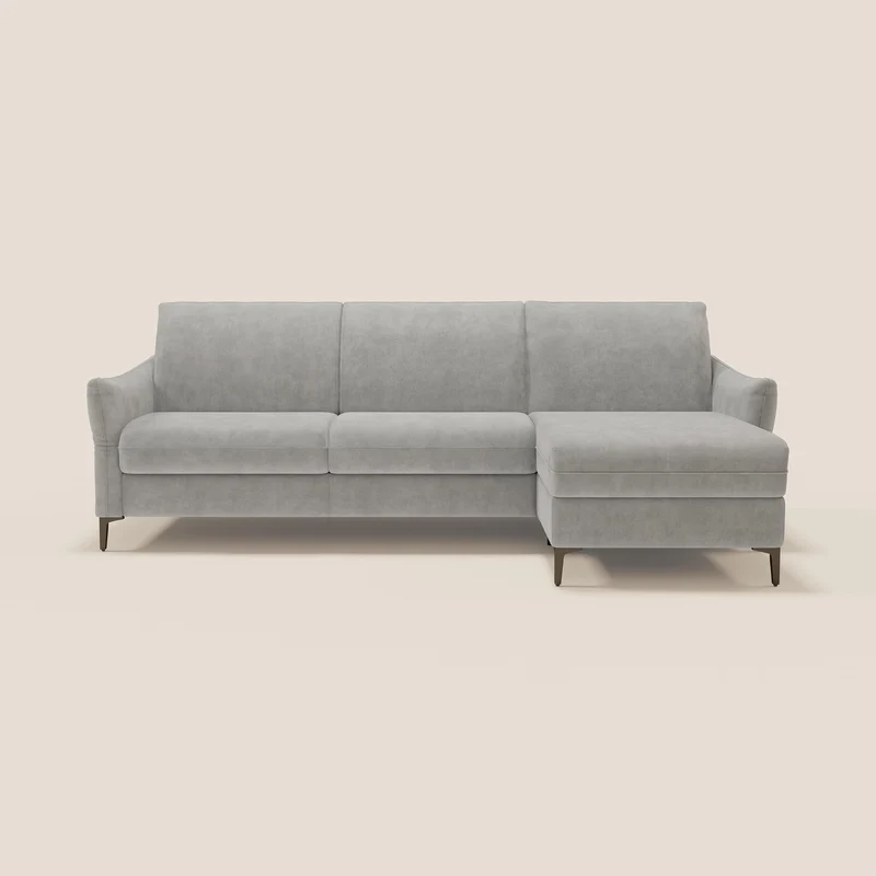 Dalia divano letto angolare con materasso alto 18 cm piedini alti e penisola contenitore in tessuto smacchiabile T17 grigio