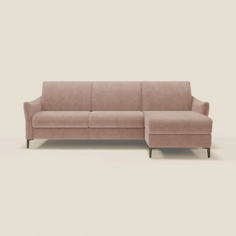 Dalia divano letto angolare con materasso alto 18 cm piedini alti e penisola contenitore in tessuto smacchiabile T17 rosa