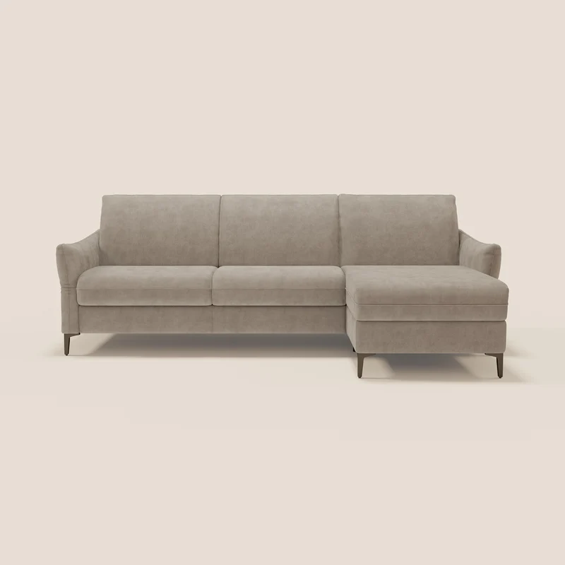 Dalia divano letto angolare con materasso alto 18 cm piedini alti e penisola contenitore in tessuto smacchiabile T17 beige