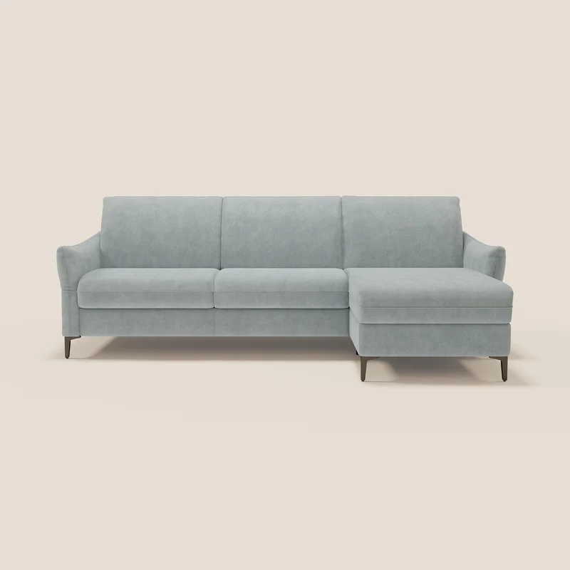Dalia divano letto angolare con materasso alto 18 cm piedini alti e penisola contenitore in tessuto smacchiabile T17 verde acqua