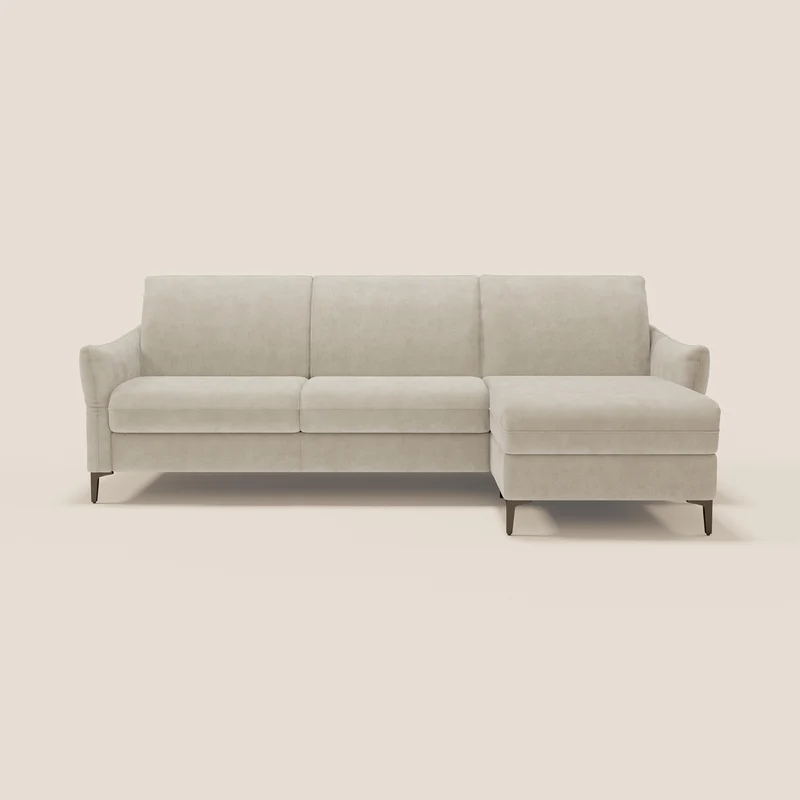 Dalia divano letto angolare con materasso alto 18 cm piedini alti e penisola contenitore in tessuto smacchiabile T17 panna