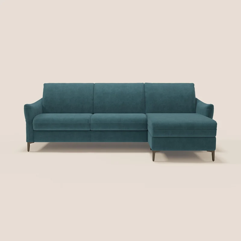 Dalia divano letto angolare con materasso alto 18 cm piedini alti e penisola contenitore in tessuto smacchiabile T17 petrolio