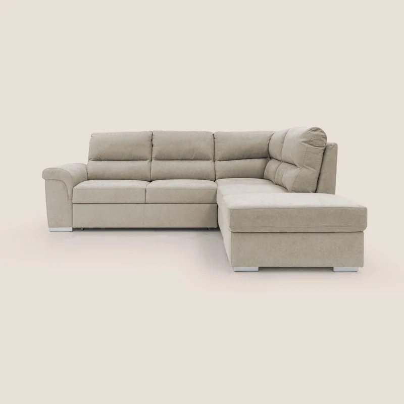 Minerva divano angolare con estraibile a cassettone e pouf contenitore in tessuto morbido impermeabile T02 panna