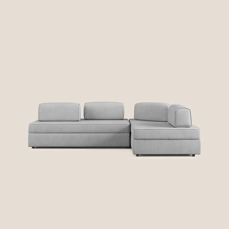 Liberty divano angolare con pouf estraibile e schienali movibili in tessuto morbido impermeabile T02 grigio chiaro