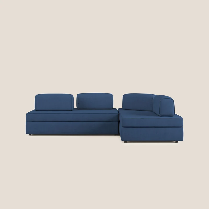 Liberty divano angolare con pouf estraibile e schienali movibili in tessuto morbido impermeabile T02 blu