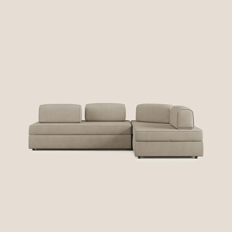 Liberty divano angolare con pouf estraibile e schienali movibili in tessuto morbido impermeabile T02 beige