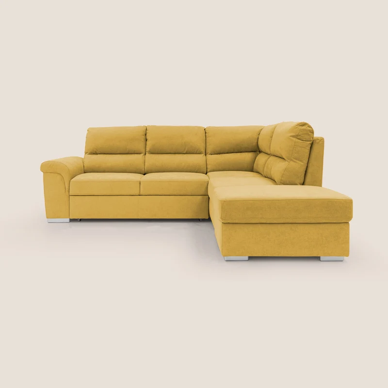 Minerva divano angolare con estraibile a cassettone e pouf contenitore in tessuto morbido impermeabile T02 giallo