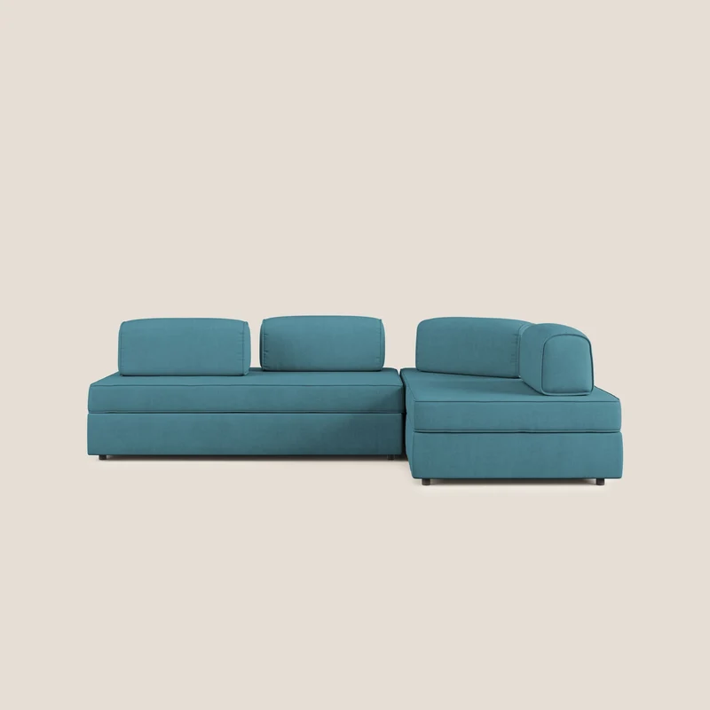 Liberty divano angolare con pouf estraibile e schienali movibili in tessuto morbido impermeabile T02 azzurro