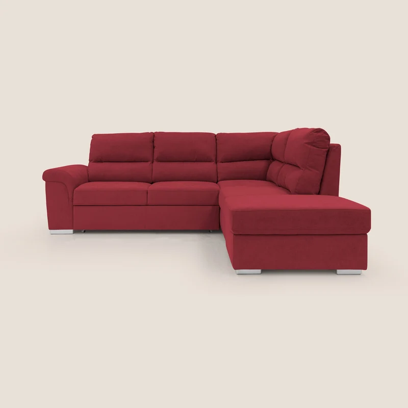 Minerva divano angolare con estraibile a cassettone e pouf contenitore in tessuto morbido impermeabile T02 rosso