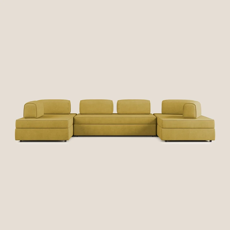 Liberty divano panoramico con pouf estraibile e schienali movibili in tessuto morbido impermeabile T02 giallo