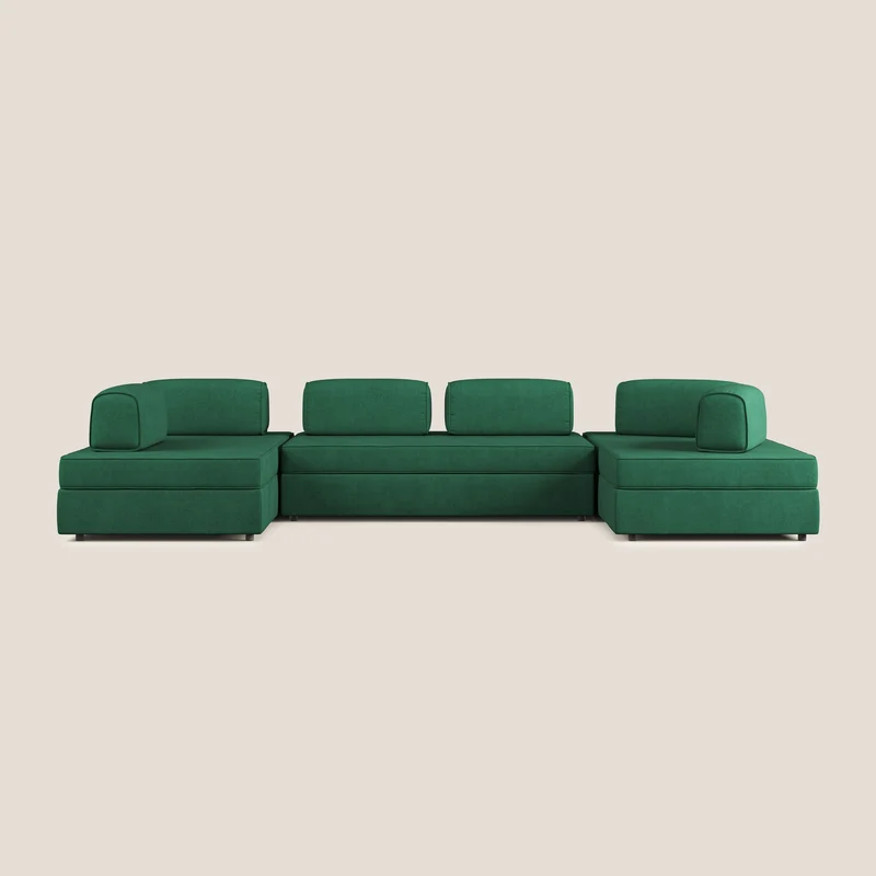 Liberty divano panoramico con pouf estraibile e schienali movibili in tessuto morbido impermeabile T02 verde