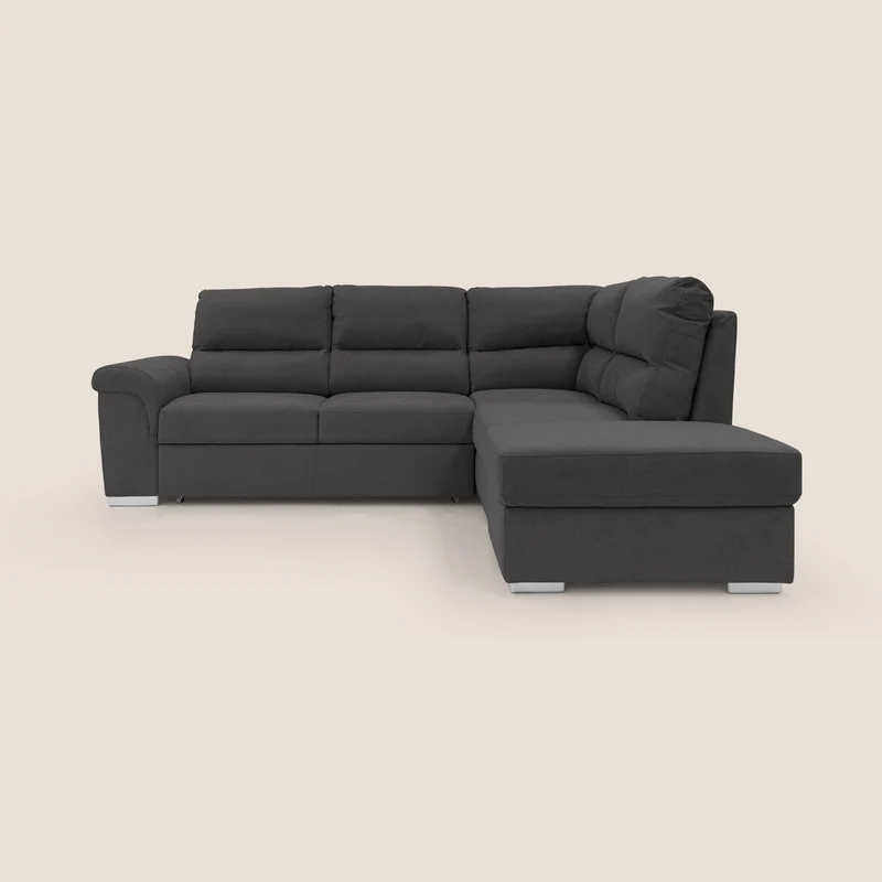 Minerva divano angolare con estraibile a cassettone e pouf contenitore in tessuto morbido impermeabile T02 nero