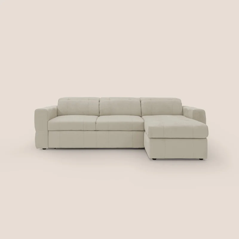 Kronos Divano angolare con pouf estraibile e penisola contenitore in microfibra impermeabile T11 panna