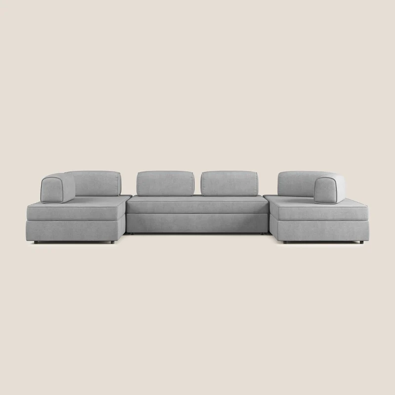 Liberty divano panoramico con pouf estraibile e schienali movibili in tessuto morbido impermeabile T02 grigio chiaro