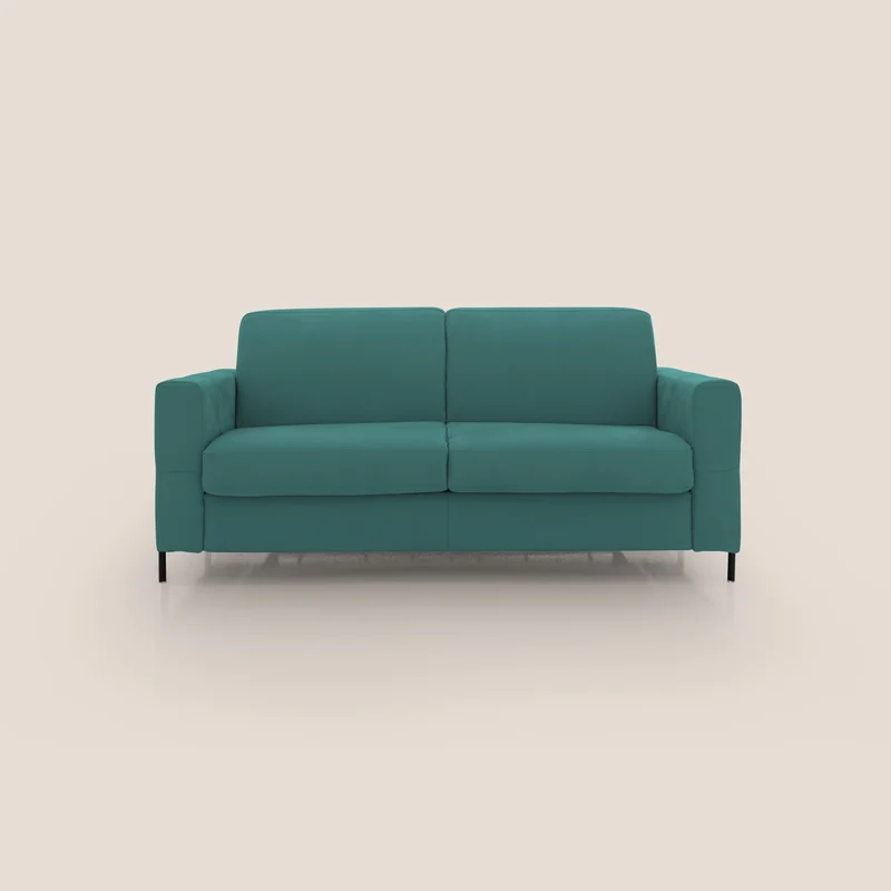 Ortensia divano letto materasso H18 cm con piedi alti in elegante microfibra smacchiabile T11 petrolio